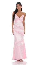 Satin V-Neck Ruffle Mermaid Maxi Dress in Pink